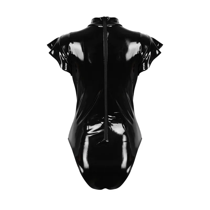 Сексуальное женское цельнокроеное Wetlook женское белье из лакированной кожи с высоким воротом, с рукавом-крылышком, с открытым бюстом, плюшевая пижама в виде боди Клубная одежда комбинезон