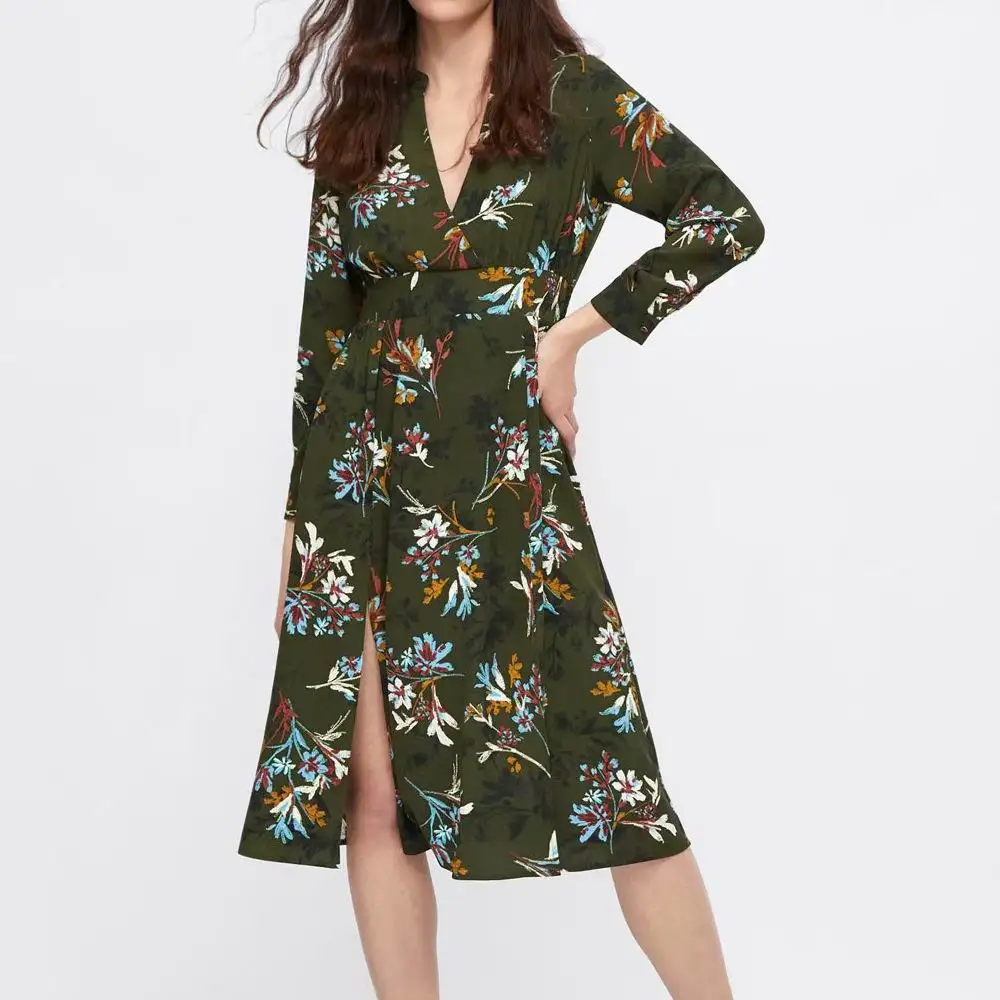 Женское платье с цветочным принтом винтажное до середины голени треугольным