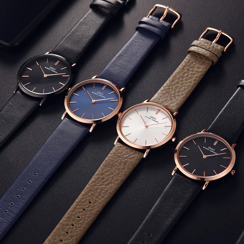 

IBSO Top Brand Men's Wrist Watch Ultra-Thin Quartz Simple Black Causal Men Clock Watches Leather Strap Wristwatch