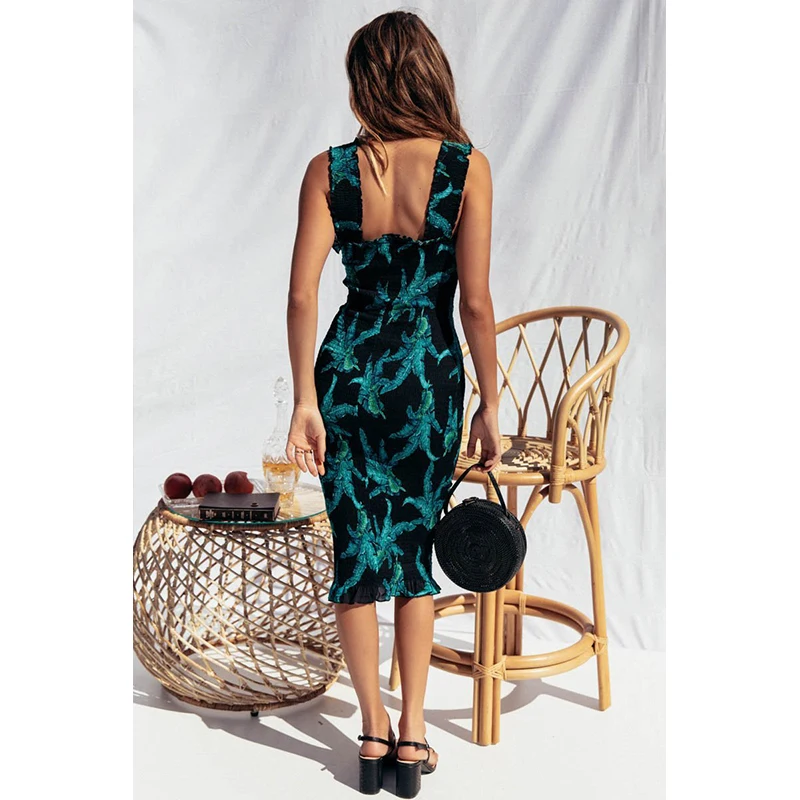 Богемное платье карандаш без рукавов с цветочным принтом пляжное рюшами на