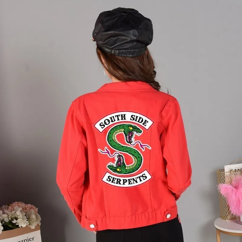 Bright red Ривердейл джинсы джинсовая куртка "South Side serpents" уличная топы весна джинсовая Для женщин Куртка Harajuku в стиле «хип-хоп» джинсовые Костюмы женский - Цвет: Bright red