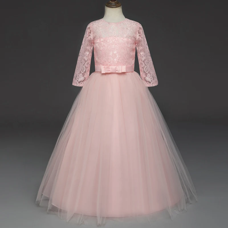 Торжественное Розовое Кружевное длинное платье для девочек, Vestido, нарядное осеннее платье принцессы, костюм для мероприятия, Детская Праздничная церемония, Розовая Одежда для девочек 14 лет