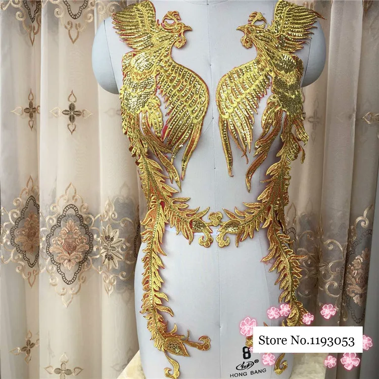 Красный органзы золотой нитью Феникс Перо хвоста вышивка ткань с кружевной