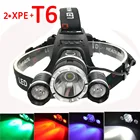 Головной Светодиодный фонарь XML T6 + 2x XPE, 3 светодиода, 4 режима, белыйкрасныйзеленыйфиолетовый свет, фонарь для рыбалки и охоты
