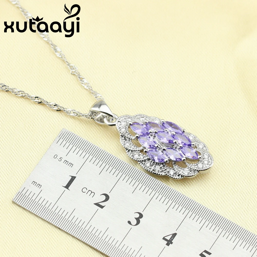 XUTAATI набор ювелирных изделий из серебра 4 шт. серьги с фиолетовым цирконием кольцо