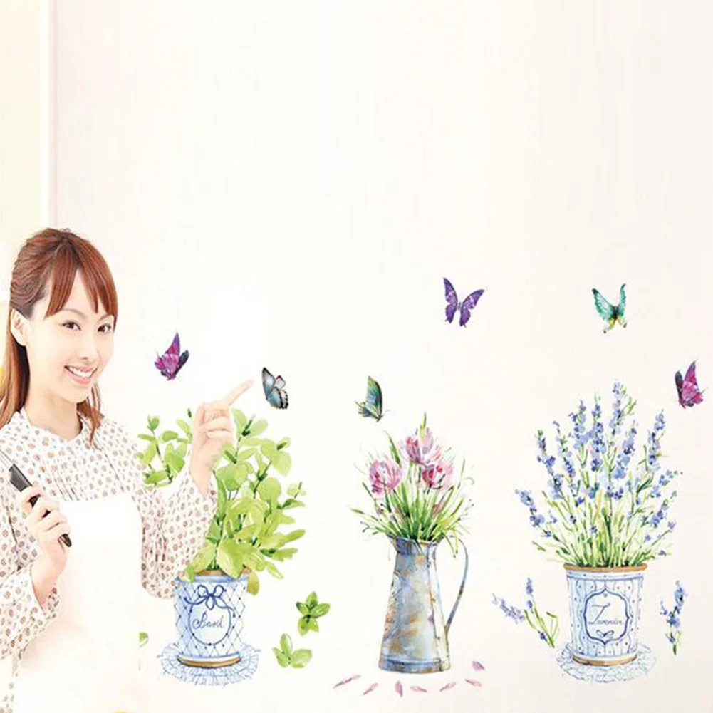 DIY домашний Декор Съемный наклейки на стену горшках изображения бабочки и цветка