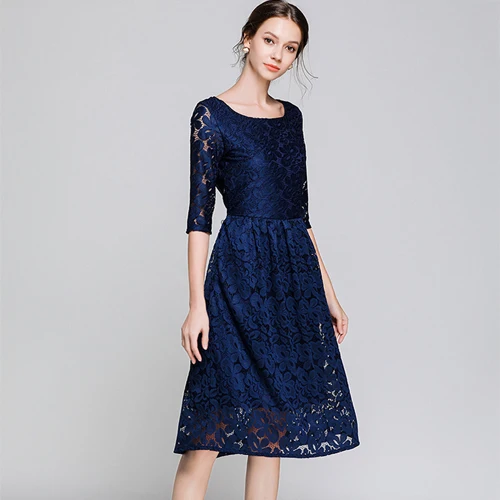 dark blue Новое весеннее кружевное красное платье для работы повседневное тонкое модное с круглым вырезом сексуальное открытое черное платье женское ТРАПЕЦИЕВИДНОЕ винтажное платье голубого цвета - Цвет: dark blue