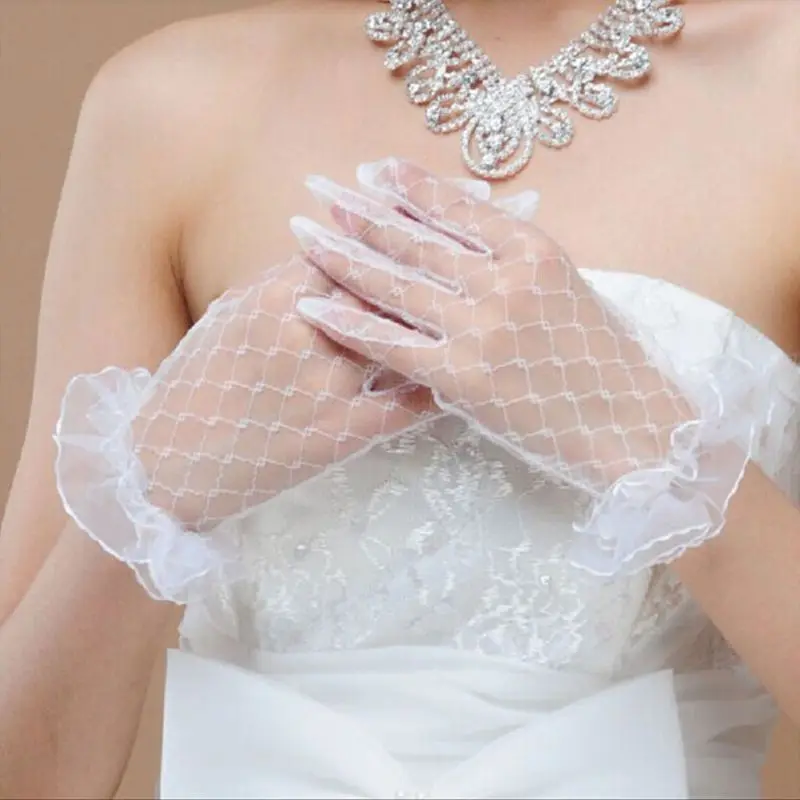 

White Bridal Wedding Short Gloves Full Fingered Transparent Rhombic Gauze Ruffle Lace Trim Wrist Length Mittens Party Accessorie