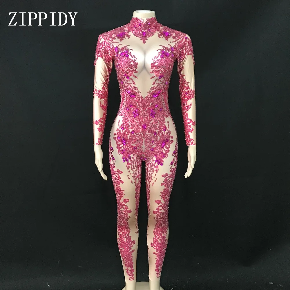 Rose Stones Sparkly Jumpsuit Spandex Stretch Shining Dance Costume One-piece Bodysuit Nightclub Outfit Leggings