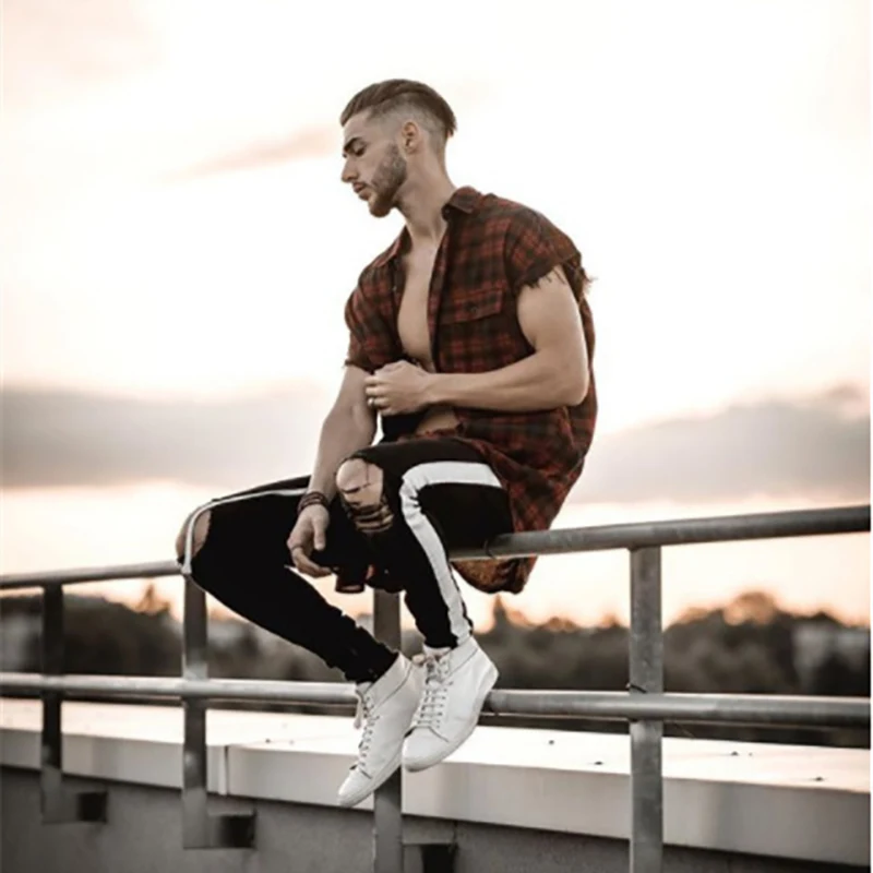 2019 летние мужские белые полосатые джинсы с дырками джинсовые штаны обтягивающие