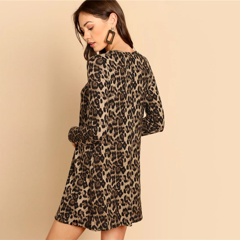 SHEIN Повседневное Платье С Леопардовым Принтом, Платье С Длинным Рукавом И Круглым Вырезом