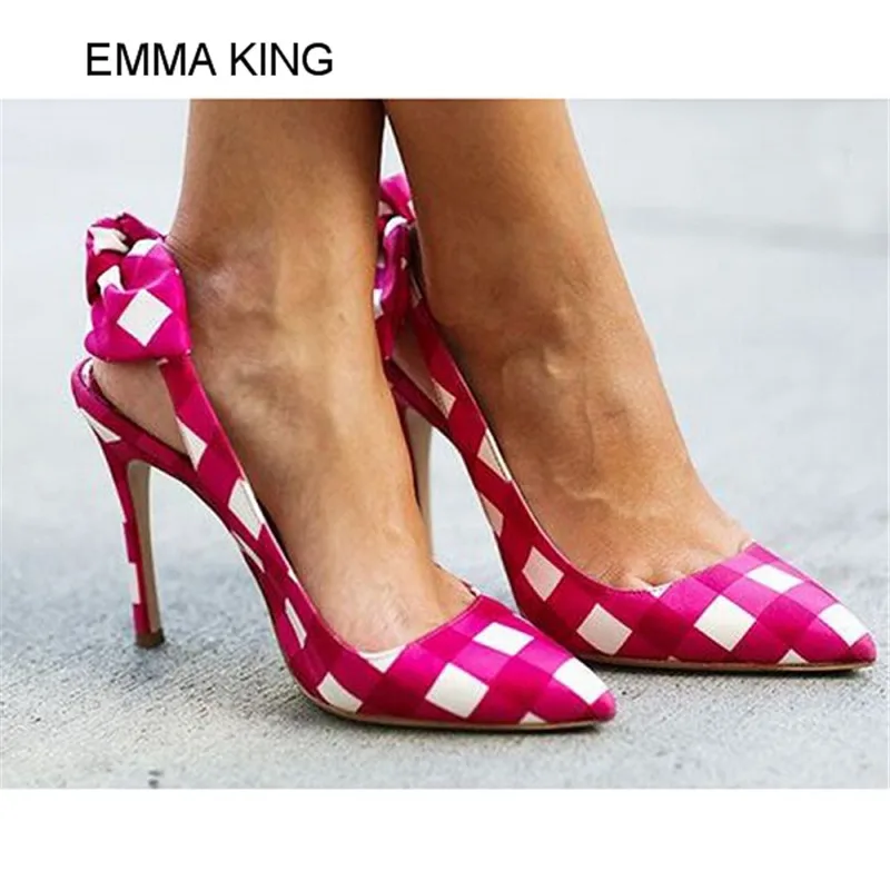Emma king/женские туфли лодочки на тонком высоком каблуке с острым носком в клетку
