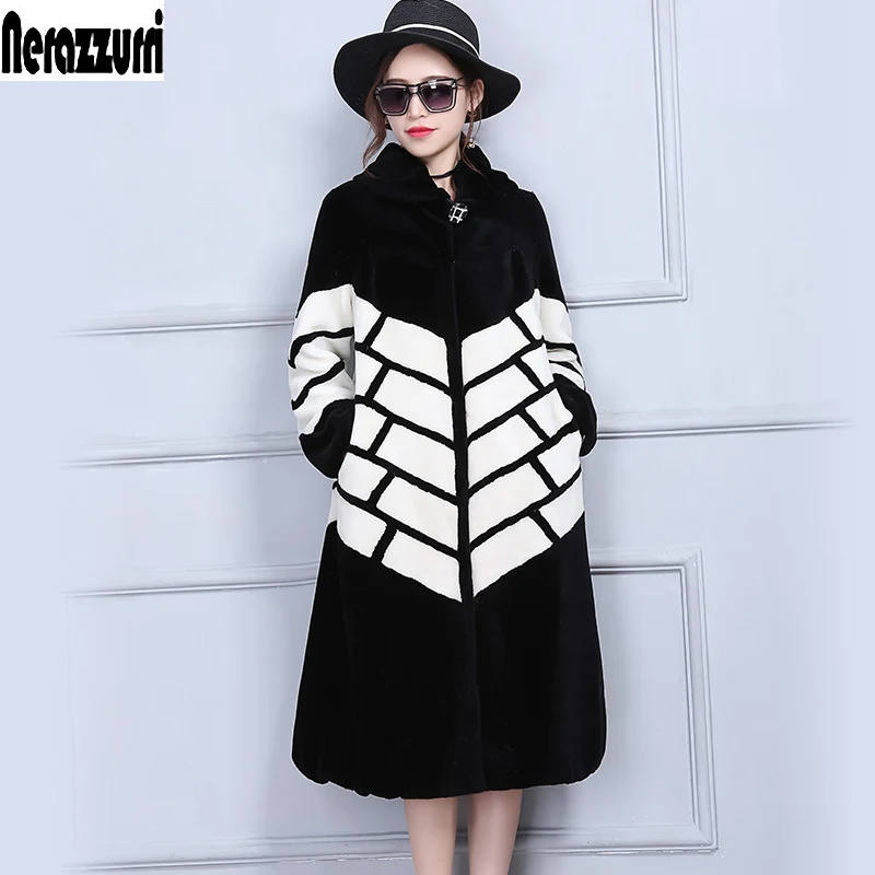 White and black Nerazzurri зимний настоящий овечий мех, шуба для женщин, длинное пальто из овечьей шерсти, роскошная Брендовая женская Настоящая меховая шуба, 4xl распродажа шуба из натурального меха мутона шуба ягненок теплые вещи - Цвет: White and black