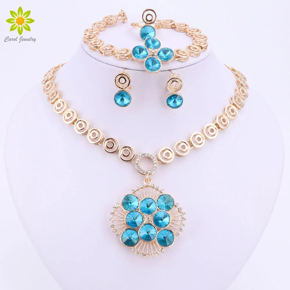 

2Color Jewelry Set For Women Wedding Fashion Flower Pendant Crystal Gold Color Necklace Earrings Bracelet Rings Accessories