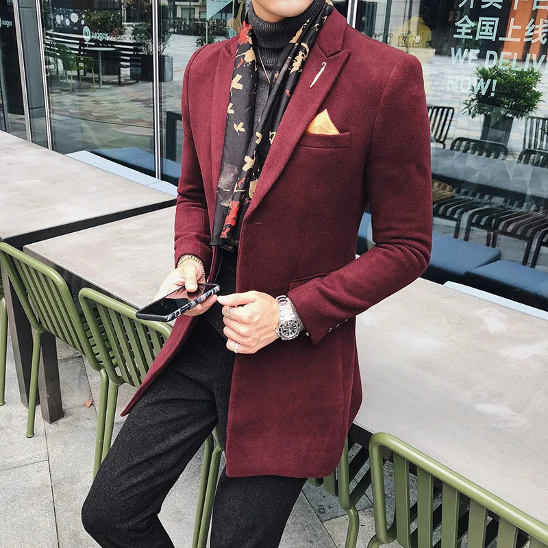 Red wine 7 однотонных цветов, Длинный блейзер для мужчин, Ретро стиль, приталенный Блейзер, Hombre, Повседневный, шерсть, Мужское пальто, высокое качество, дизайнерский блейзер(S~ 3XL - Цвет: Red wine