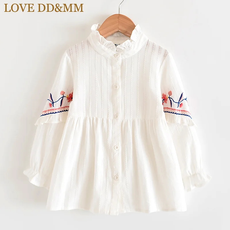 Платья для девочек с надписью «LOVE DD& MM» Новинка осени года, детская одежда простое платье-рубашка с длинными рукавами и цветочной вышивкой для девочек