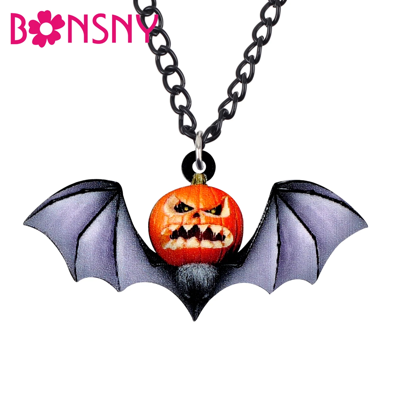 Bonsny Statement Acrylic Halloween Pumpkin Bat Necklace Pendant Long Chain Punk Animal Jewelry For Women Girls Gift Charm Bijoux | Украшения