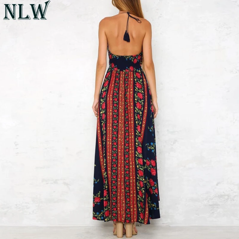 NLW Boho печати Макси платье с v-образным вырезом Холтер женское летнее длинное 2018