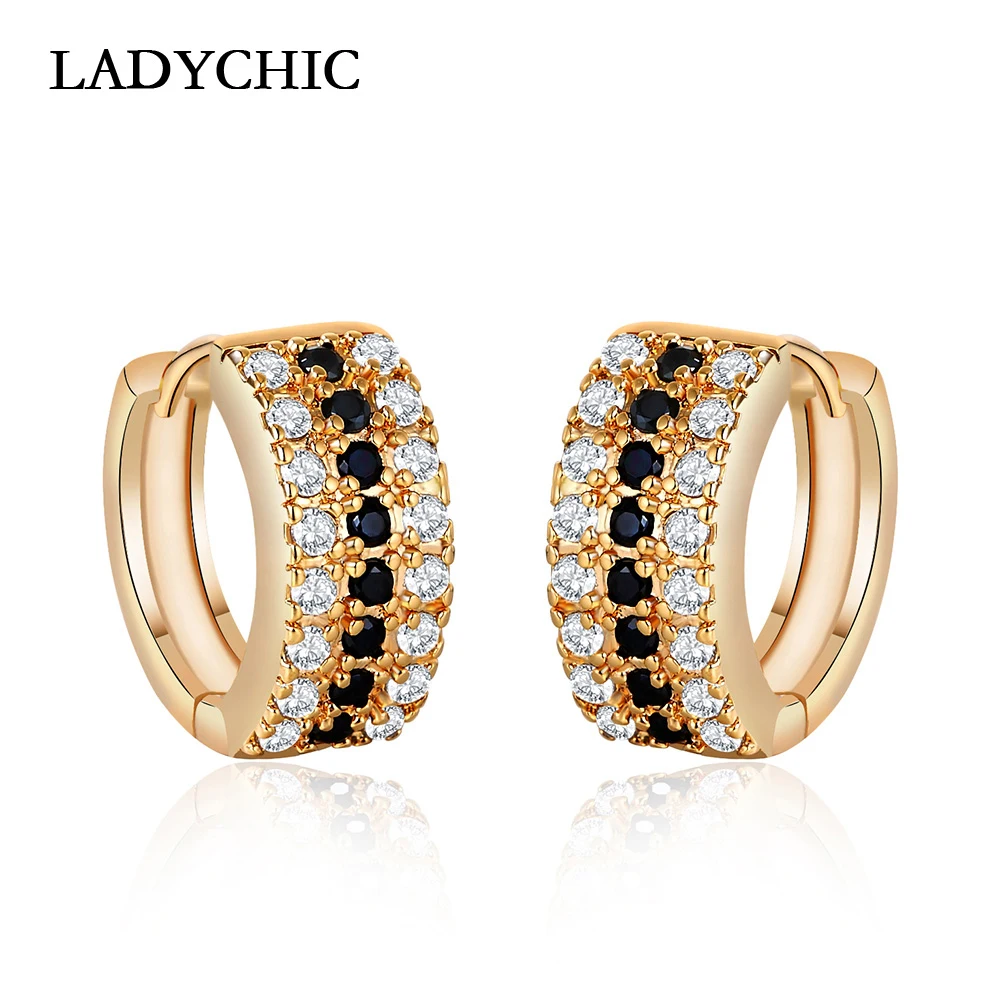 

LADYCHIC Fashion Gold Color High Quality Hoop Earrings Paved Tiny Black Zircon Stone Women Wedding Party Jewelry Gift LE1202