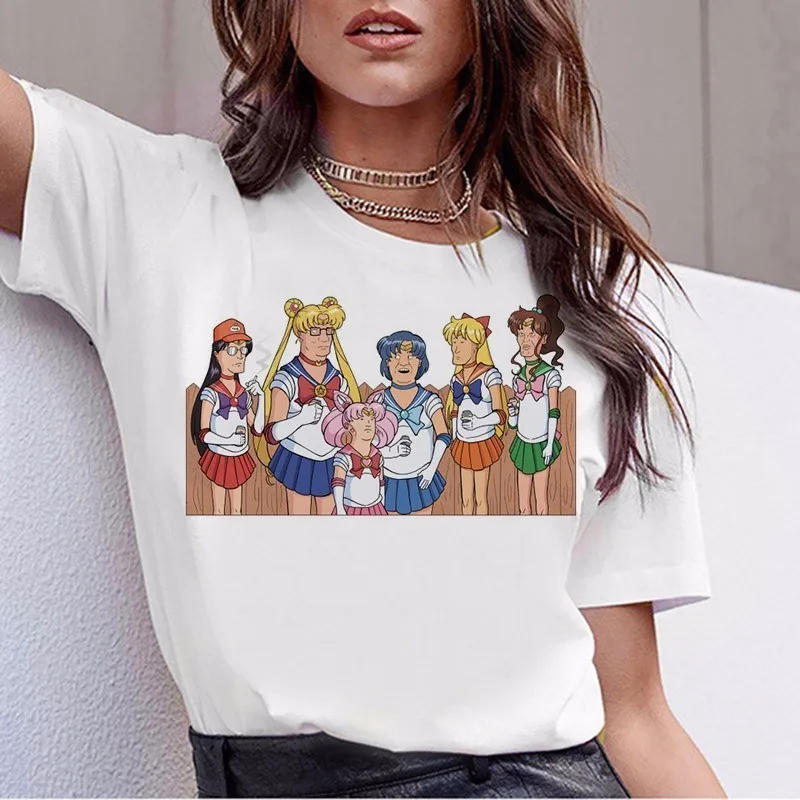 Матросская футболка с Луной женские kawaii Модные женские футболки в стиле Харадзюку футболка Эстетическая футболка Ulzzang Милая футболка с котом топ с рисунком