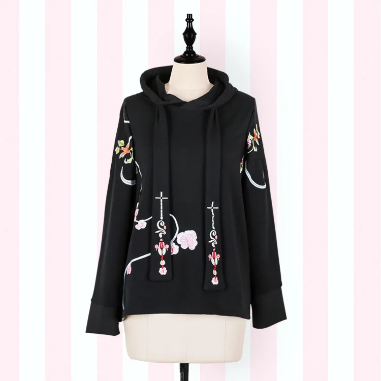 Black Hoodie Китайский стиль, женская крутая свободная толстовка с капюшоном, Весенняя рубашка с длинным рукавом и цветочной вышивкой, топы, футболки черного и белого цвета - Цвет: Black Hoodie