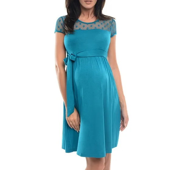 Summer Casual Maternity Dress With Belt O-Neck Short Sleeve Pregnant Dress Photography Props Lace Patchwork Pregnancy Vestidos