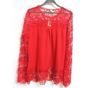 Летняя мода 2015 шифоновая кружевная блузка с длинным рукавом вязанные крючком