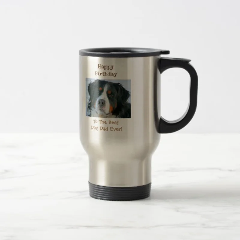 

Happy Birthday Best Dog Dad Ever Photo Travel Mug Stainless Steel coffee Cup with Handle - Great Gift Mugs 14 Ounce
