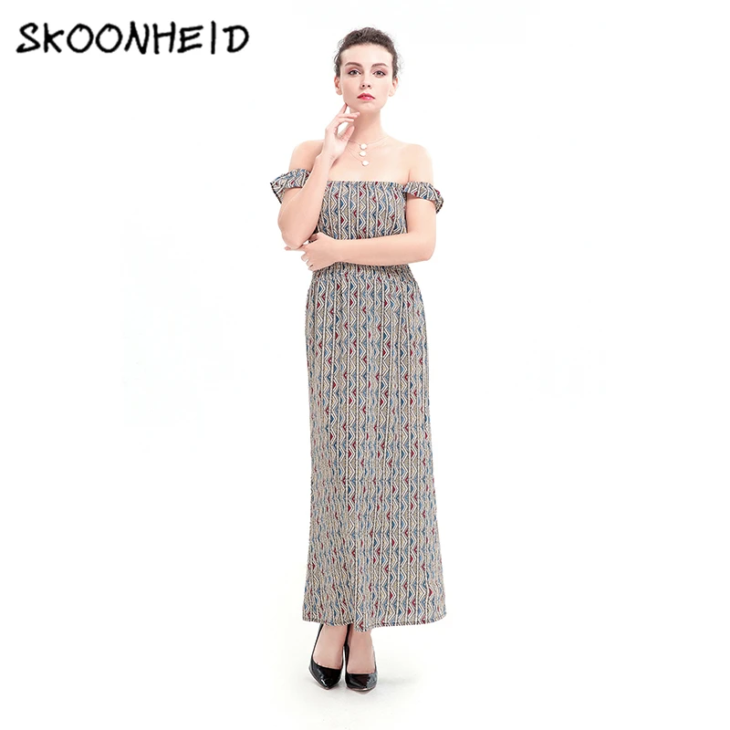Skoonheid Boho Цветочный Печати Шифон Длинное Платье Женщины Пляж Лето Slash Шеи Вскользь