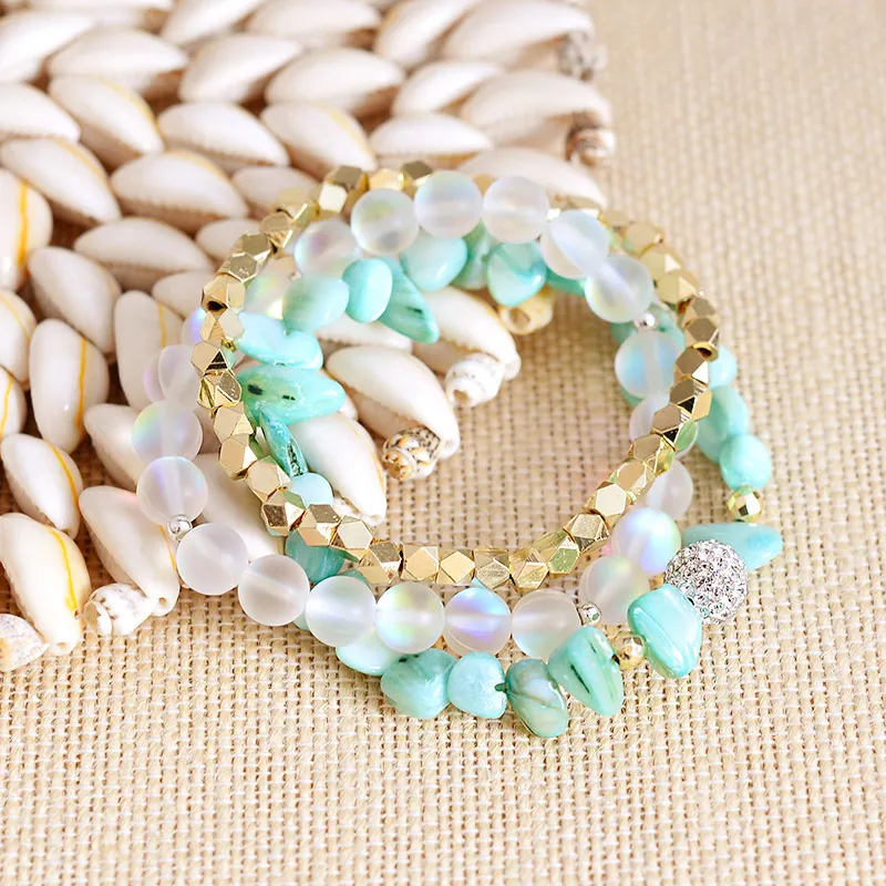 BOJIU 3 Pcs/Set Multilayer Women Bracelets Natural Irregular Stretch Shell Gold-color Copper Labradorite Bracelet Lady BCSET242 | Украшения