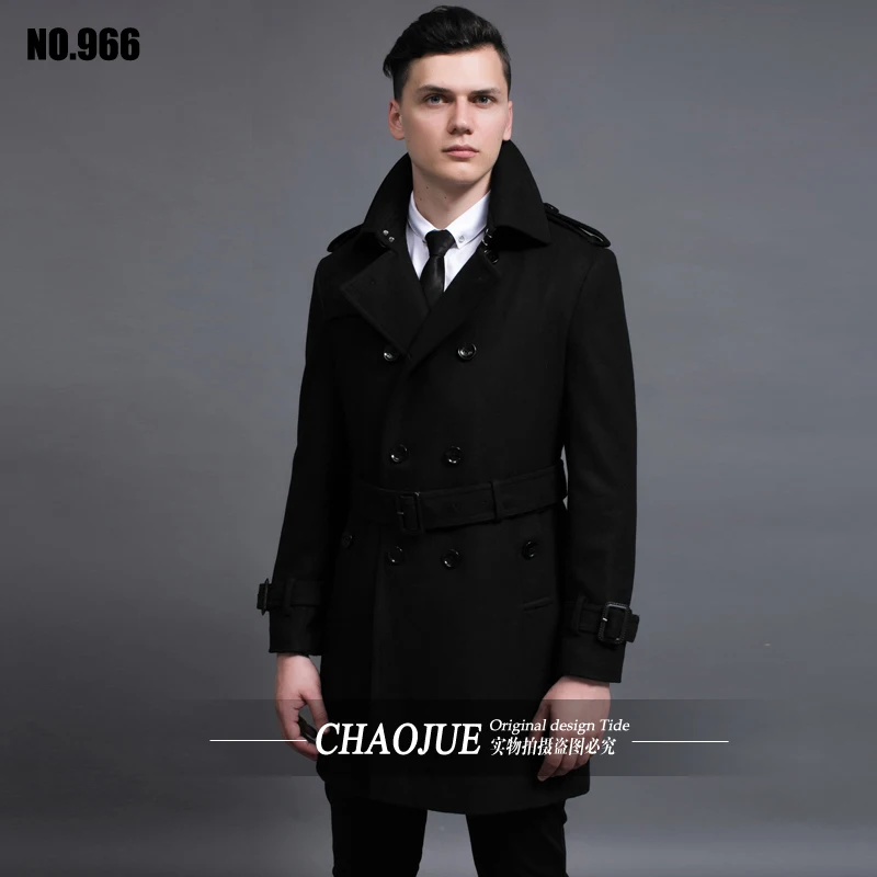 CHAOJUE, шерстяное пальто, мужское, осень, двубортное, модное, средней длины, размера плюс, шерстяное пальто, тонкий пиджак - Цвет: Черный
