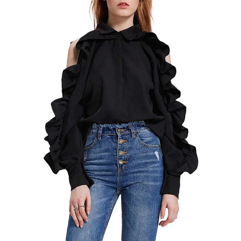 HYH HAOYIHUI Brand Women Black Sweet Shirts Cold Shoulder Butterfly Sleeve Zipper Buttons Female Casual Blouses Sexy Lady |