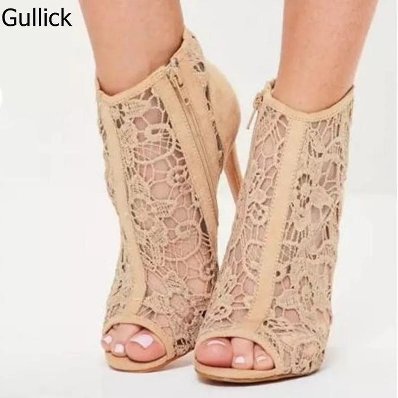 

2018 Sexy Women Elegant Style Gladiator Designer Free Shipping Wholesale Price Top Sale Lace Light Khaki Peep Toe Ankle Boots