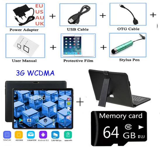 3G add keyboard case 10 дюймовый планшет, PC, четыре ядра, Android 8,0 Wi-Fi Bluetooth с двумя сим-картами 4G планшеты LTE 10,1 4 Гб Оперативная память 128 Гб Встроенная память 64 GB Оперативная память подарочная карта - Комплект: 3G add keyboard case
