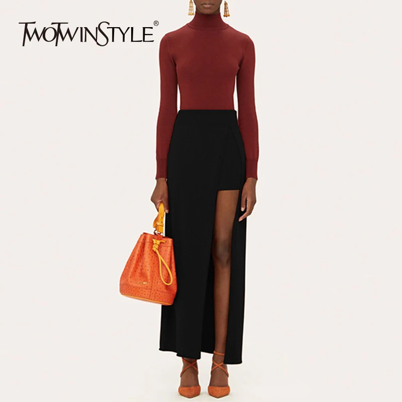 TWOTWINSTYLE вязаная женская юбка Лоскутная с высокой талией миди юбки для женщин