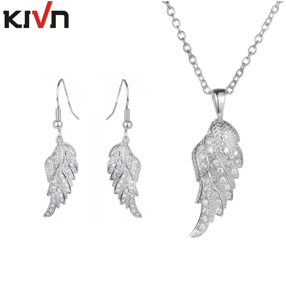 

KIVN Jewelry Sets CZ Cubic Zirconia Angel Wing Feather Bridal Wedding Earrings Necklaces Jewelry Sets Mothers Birthday Gifts