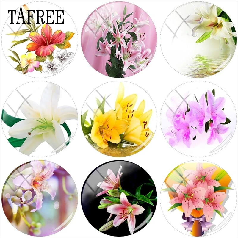 

TAFREE Multicolor Lily Flower 12mm/15mm/16mm/18mm/20mm/25mm Round Photo Glass Cabochon Demo Flat Back Making Findings