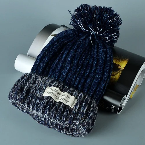 Женская шапка с помпонами, зимние шапки для девочек Gorro, модная прочная чашка, теплая плотная шапка, женские шапки, серые, бордовые - Цвет: Тёмно-синий