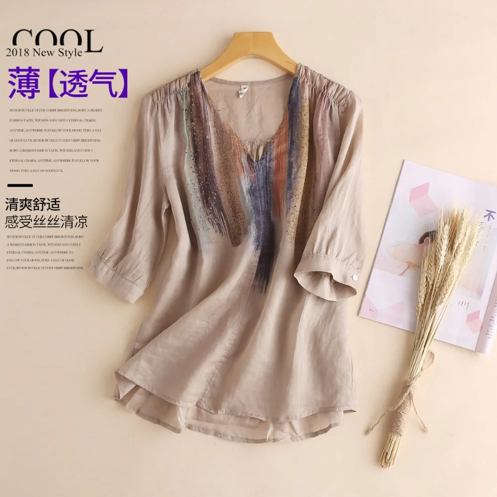 Льняные топы женская льняная Свободная рубашка с рукавами пятью точками на лето