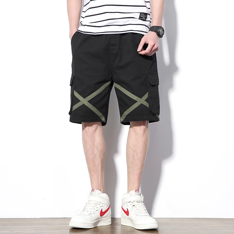 

Summer Men's Army Black Ribbon Casual Bermuda Cargo Shorts Men Fashion Straight Shorts Overall Military Short Trousers Solid