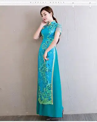 Винтаж Китайский для женщин блестками Длинные Cheongsam Новинка года Вьетнам Aodai платье элегантный воротник стойка Qipao Плюс размеры 3XL 4XL - Цвет: Небесно-голубой