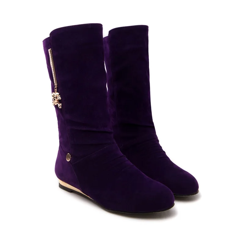 Женские Стразы высота до середины голени зимние сапоги Кожаные на низком каблуке