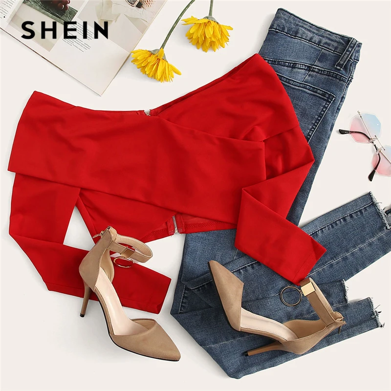 SHEIN Блузка С Открытыми Плечами На Молнии Женский Красный Весенний Сексуальный Топ С Длинными Рукавами
