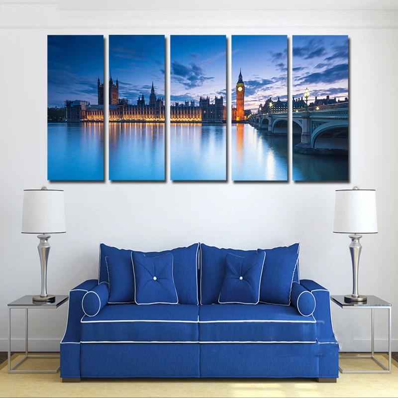 

Poster HD Modular Canvas Picture 5 Pieces London Westminster And Bridge Scenery Painting Decor Room Wall Art Modern Frame Prints