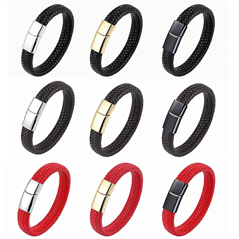 Мужские и женские кожаные браслеты плетеные из нержавеющей стали с магнитной