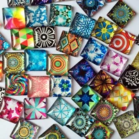 50pcslot clear square glass cabochon kaleidoscope pattern mixed color fit cameo base setting 10mm 12mm 15mm