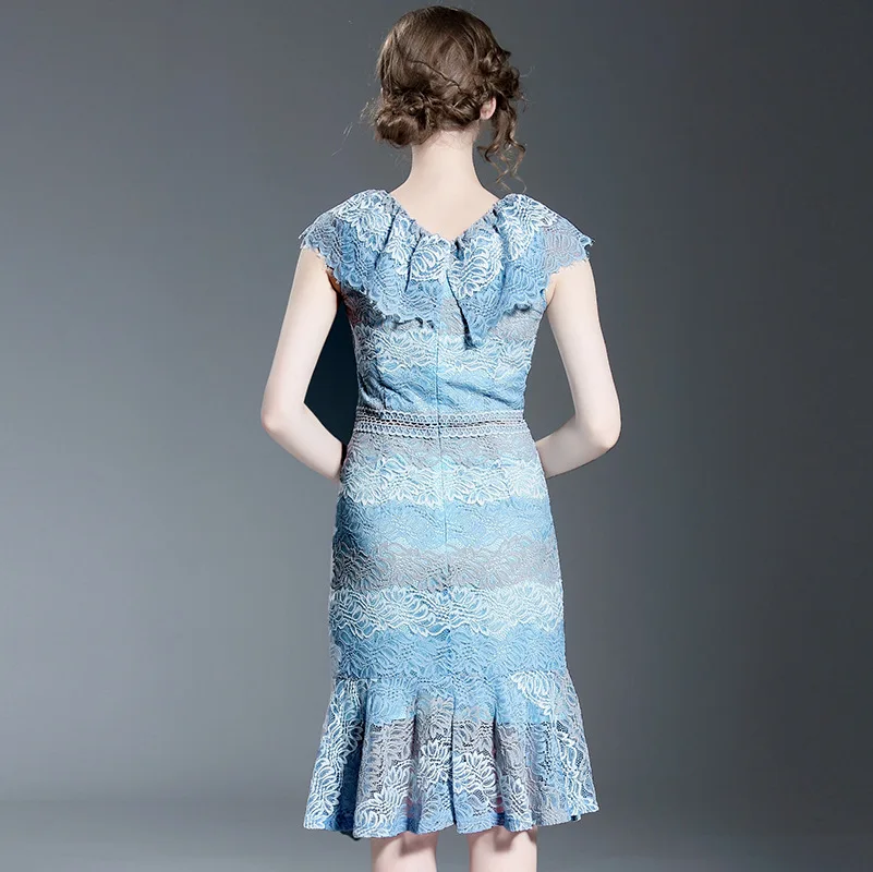 Для женщин пикантные голубой оборками кружевное платье 2018 г. летняя брендовая