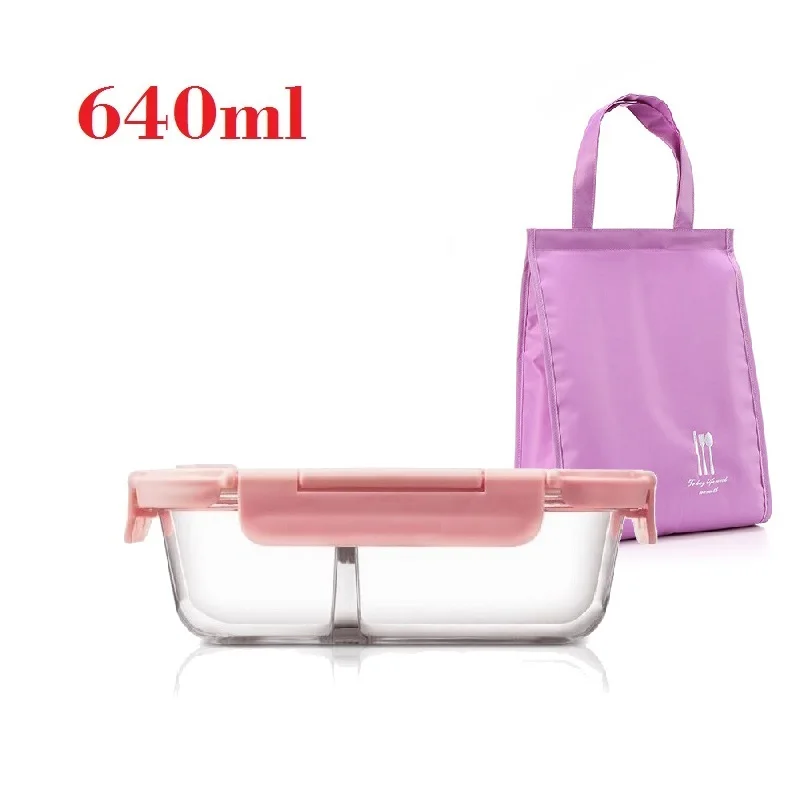 640ml with Small Bag Microwavable стеклянный Ланч-бокс с разделителем, крышкой, сумкой; приготовление еды стеклянные контейнеры для хранения продуктов с 2 отсеками; ланч-контейнер - Цвет: 640ml with Small Bag