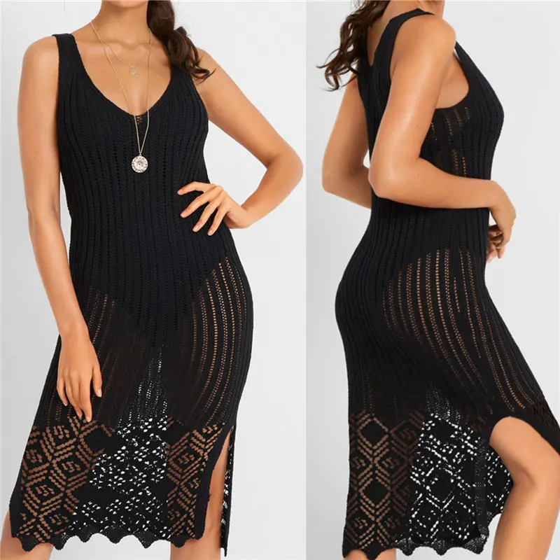 2019 вязаное крючком черное пляжное платье туника длинное Парео Бикини верхняя