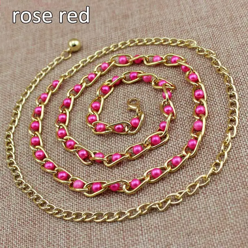 Rose Red Модная Элегантная Дамская поясная цепочка с жемчугом металлическая цепочка пояс дикий тонкий пояс женское платье украшение ремни богемный тонкий пояс - Color: Rose Red